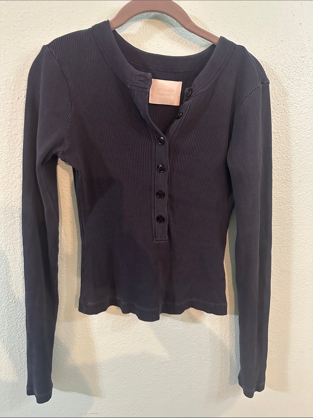 Citizens of Humanity Ribbed Henley Long Sleeve Top Black Size Small